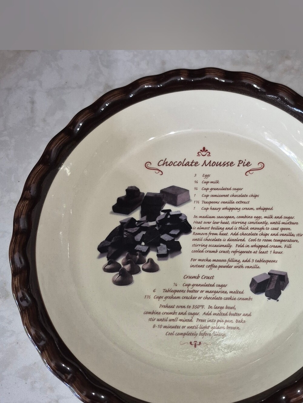 Vintage Ceramic Pie Plate featuring a printed recipe for a Chocolate Mousse Pie